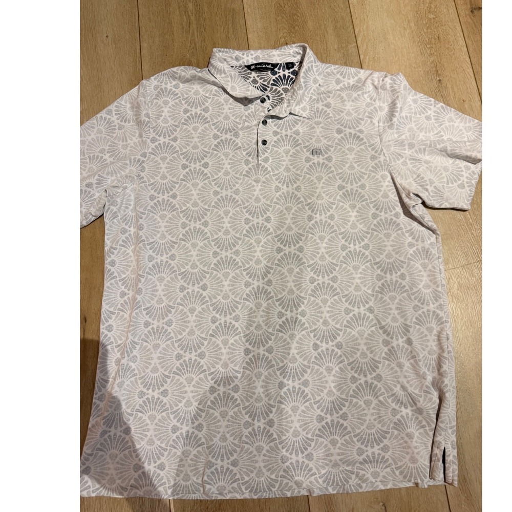 TravisMathew Mens XXL Grey White Geometric Fan Print Short Sleeve Polo Shirt